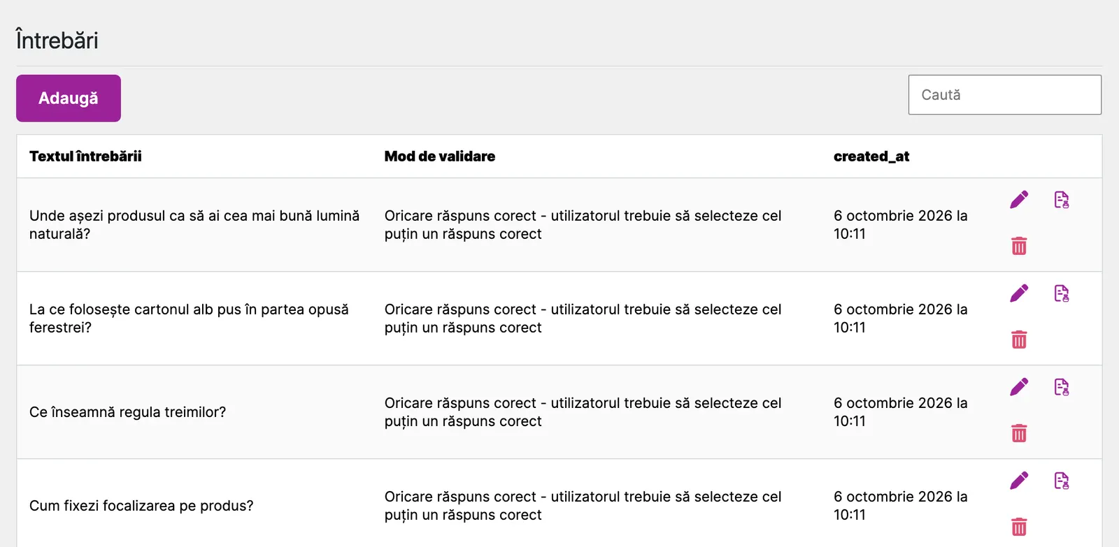 Lista întrebărilor din bancă, cu textul întrebării și modul de validare.