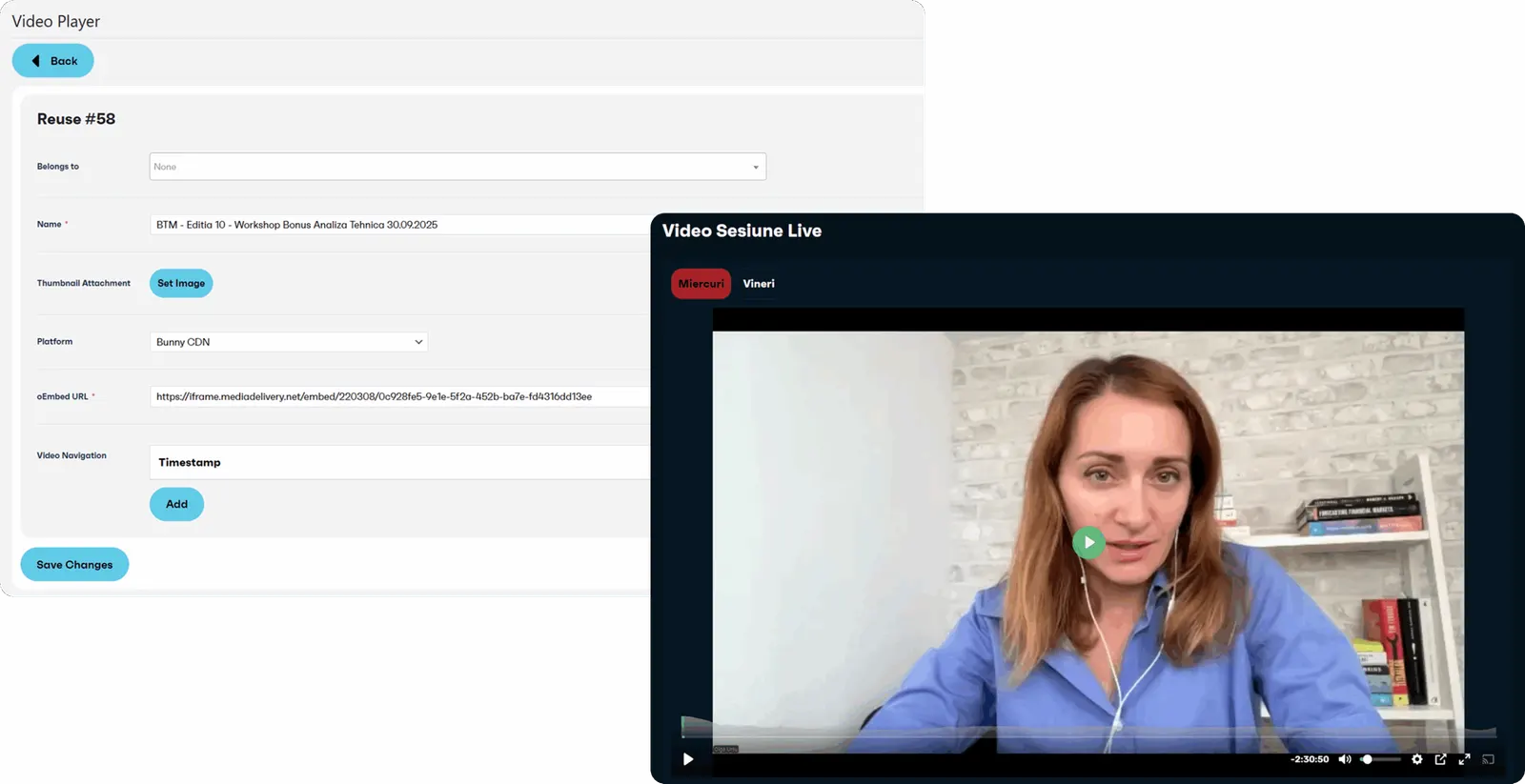 Formular de configurare a unui video în administrare, alături de lecția rezultată în platformă