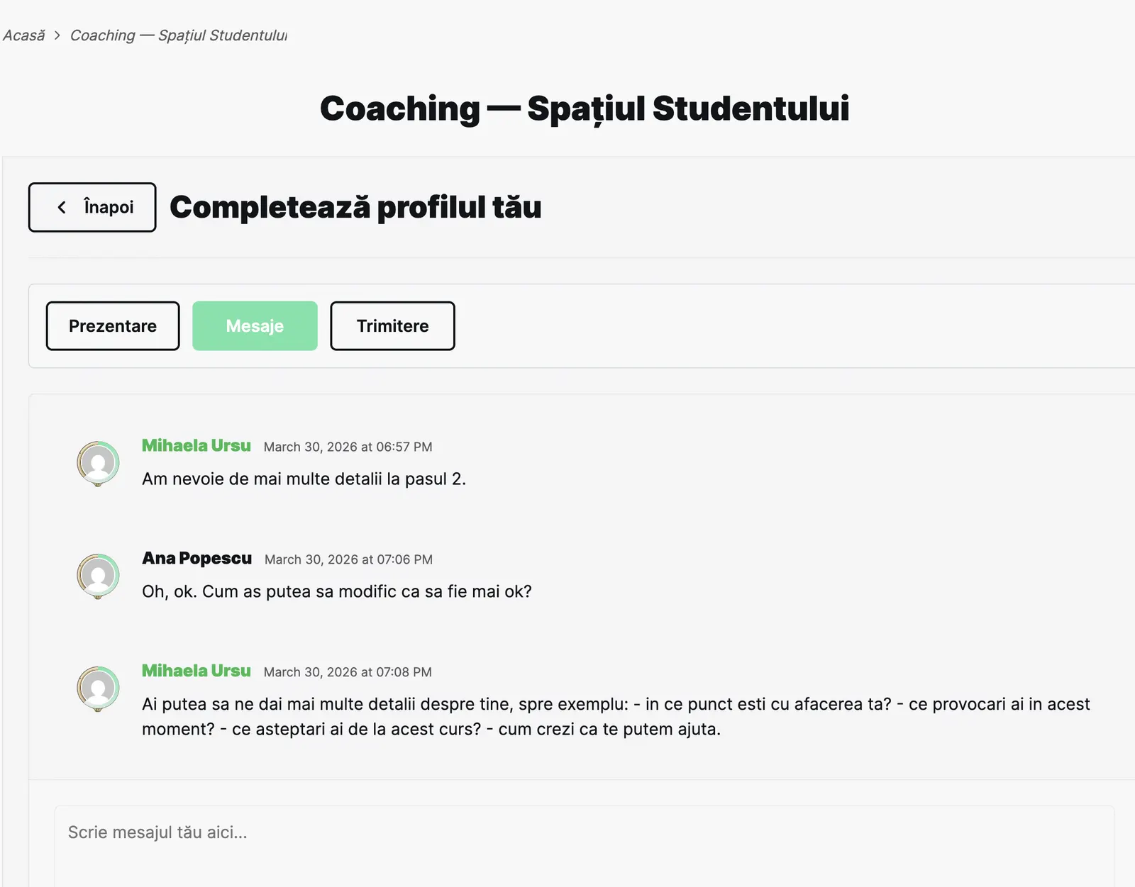 Spațiul studentului din coaching, tabul Mesaje cu discuția dintre coach și cursant și câmpul de răspuns