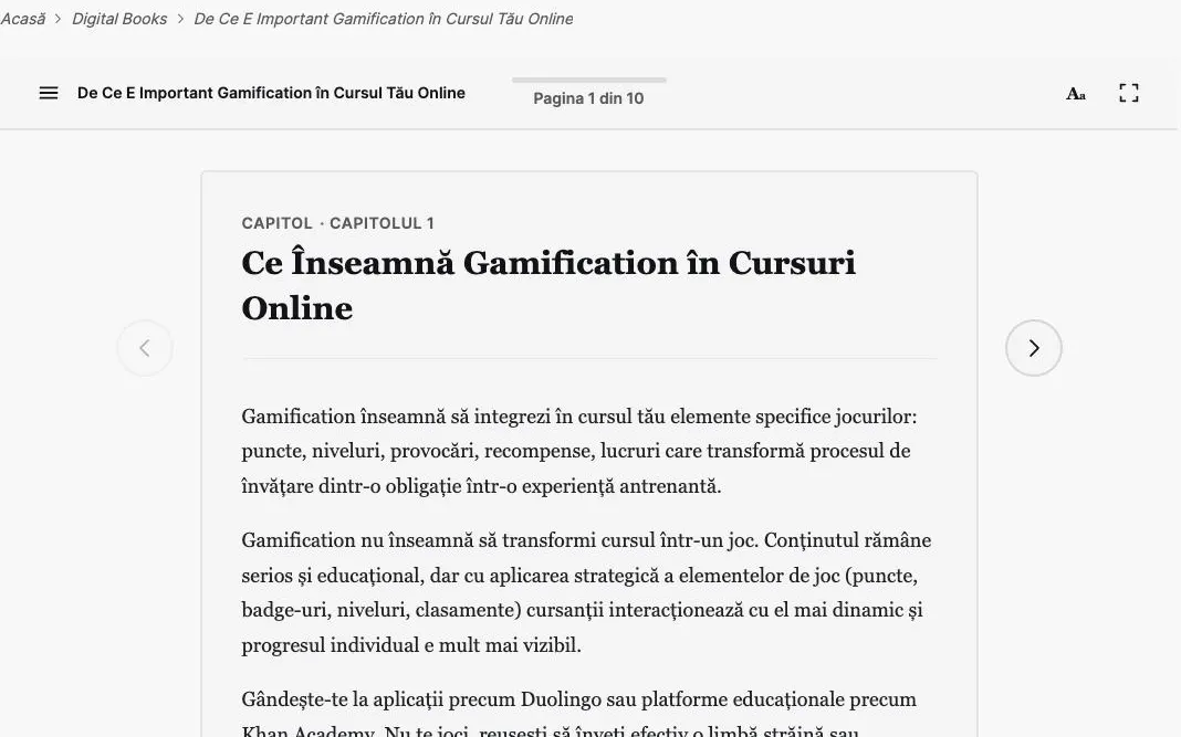 Cititorul de carte digitală: pagina 1 din 10, capitolul „Ce înseamnă gamification în cursuri online”, cu săgeți spre pagina următoare, mărimea textului și modul focus.