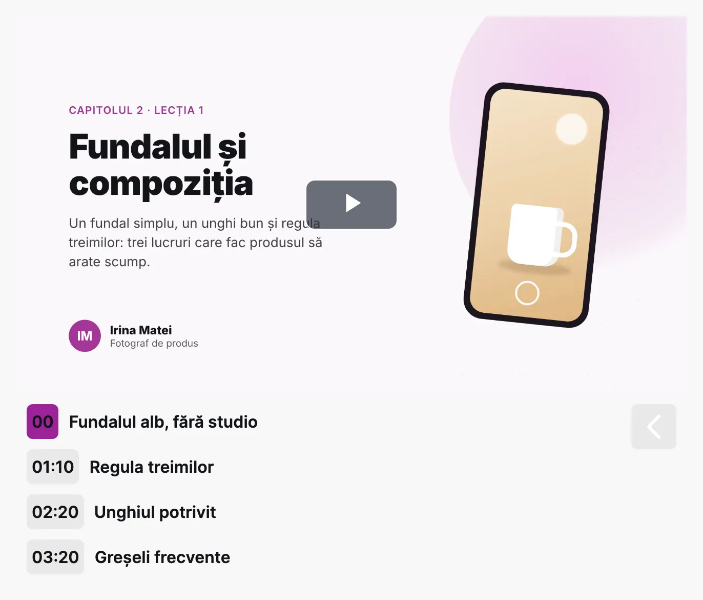 Lecție video cu cuprinsul videoclipului dedesubt: patru momente, fiecare cu minutul lui.