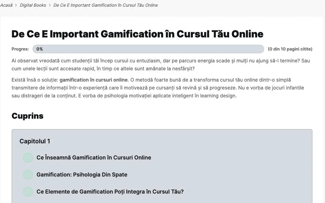 Pagina cărții digitale „De ce e important gamification în cursul tău online”: progresul de citire (0 din 10 pagini), introducerea și cuprinsul pe capitole.