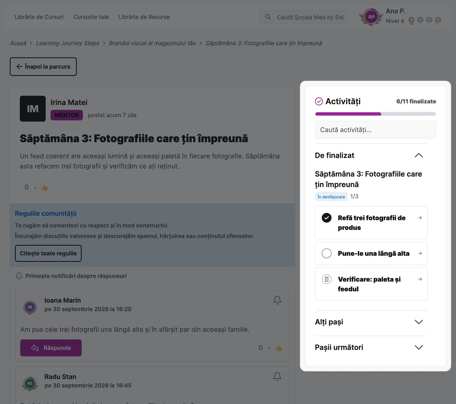 Panoul de activități al parcursului: sarcinile pasului curent, inclusiv un test.