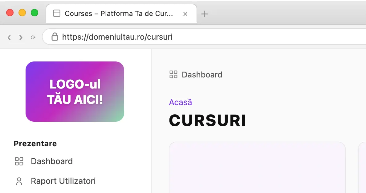 Platforma rulând pe domeniu propriu, cu logo personalizat în bara laterală, meniu Dashboard și pagina Cursuri