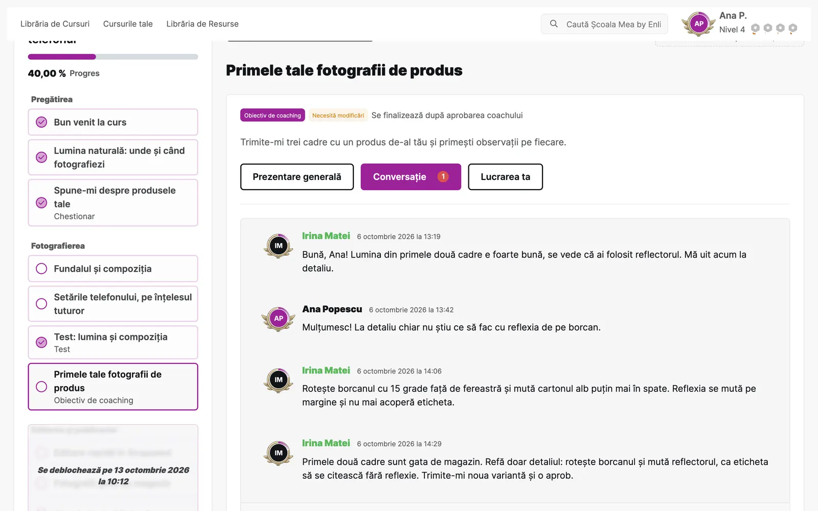 Conversația dintre cursantă și coach, pe pagina obiectivului de coaching din curs.