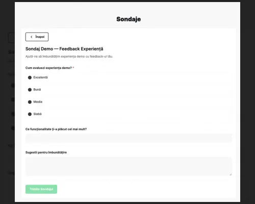 Formular de sondaj Feedback Experiență cu variante de răspuns și câmpuri libere, plus buton Trimite sondajul