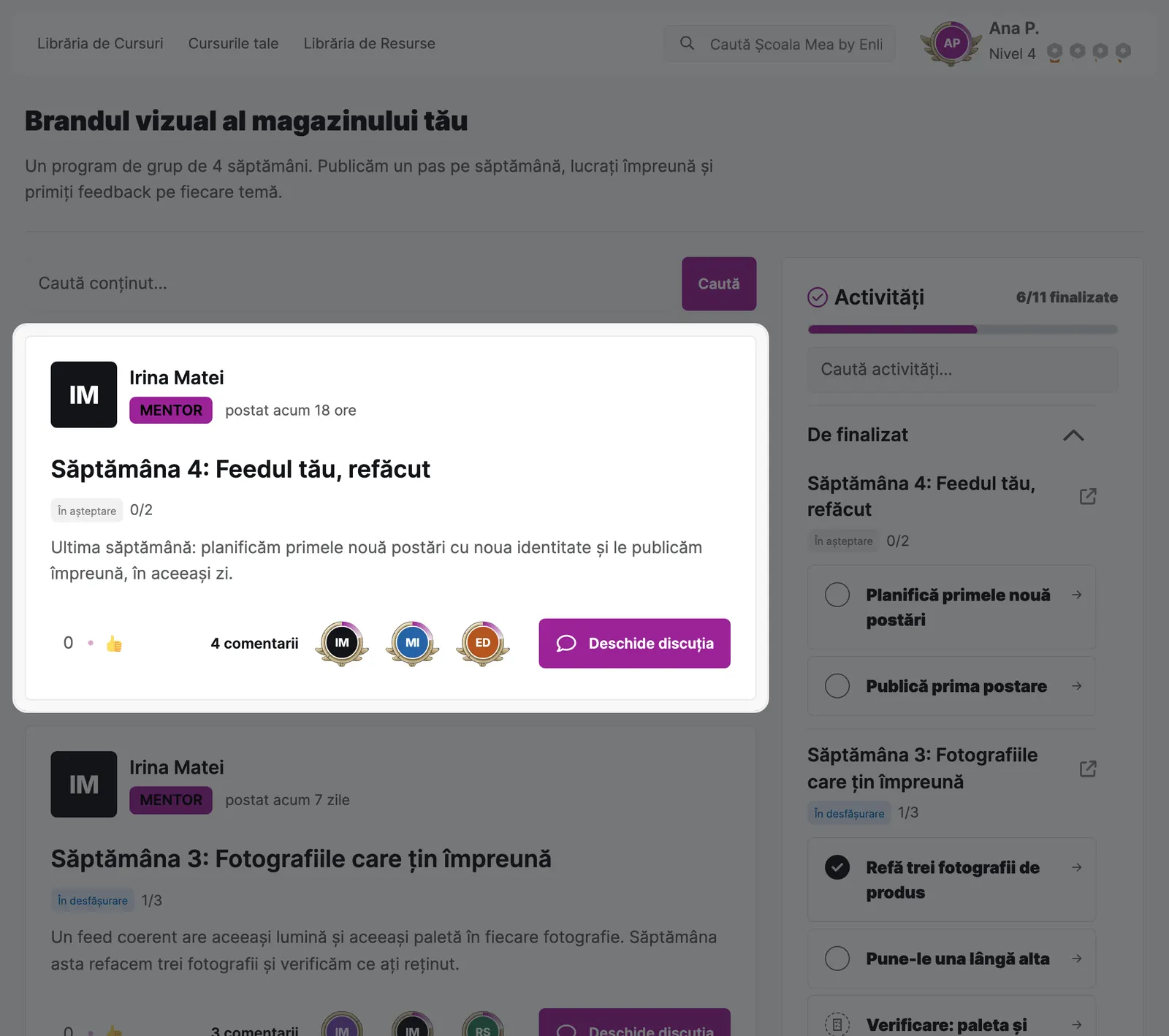 Un pas publicat în flux, cu autoarea, starea pasului, comentariile și butonul de discuție.