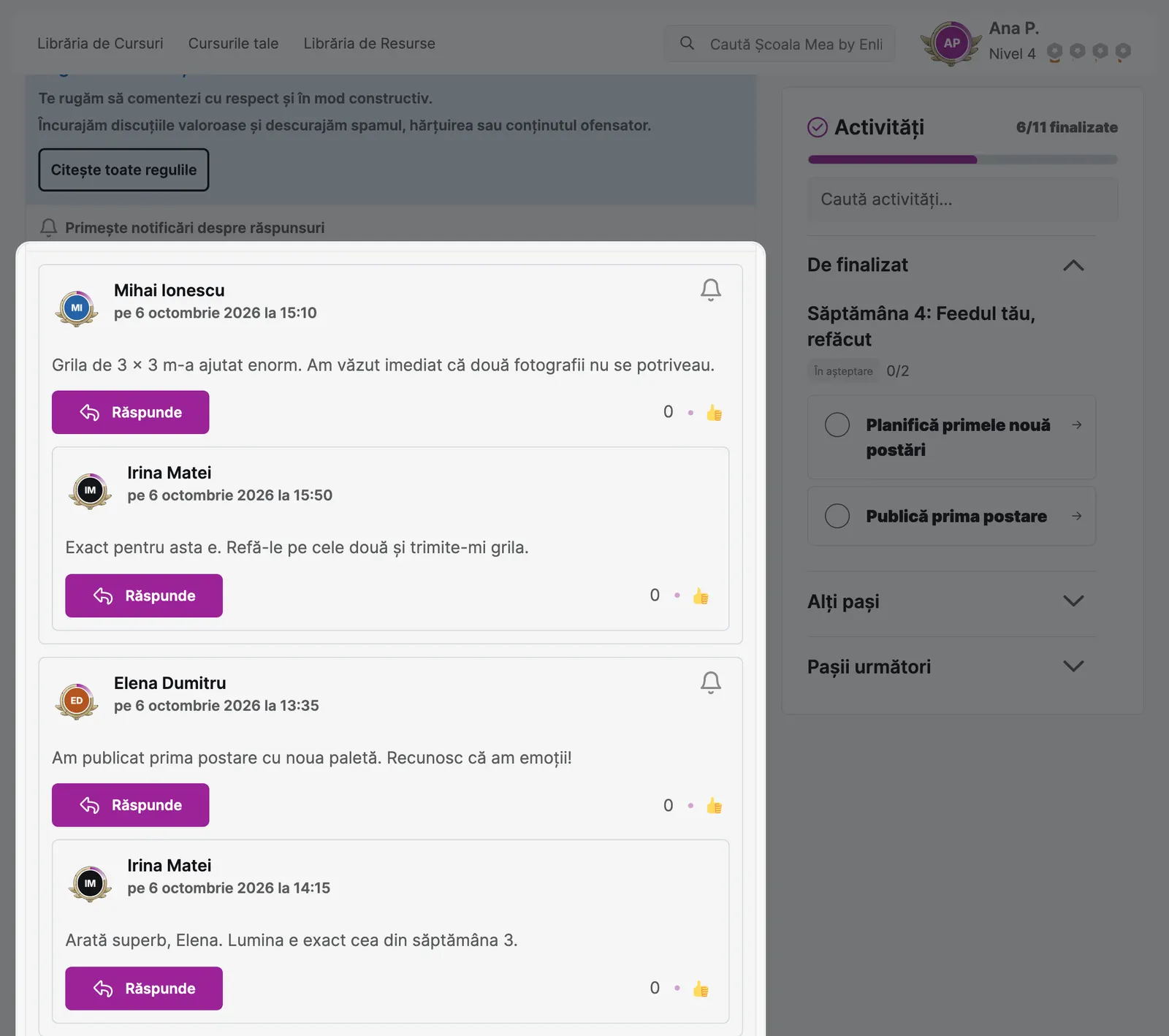Comentariile cursanților sub un pas, cu răspunsurile mentorului.