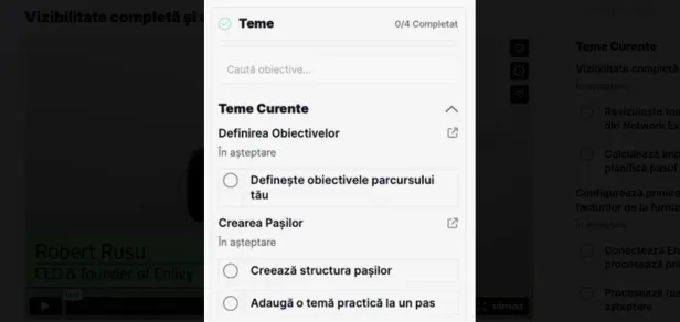 Panoul Teme, 0 din 4 completate, cu căutare de obiective și sarcinile grupate pe pași