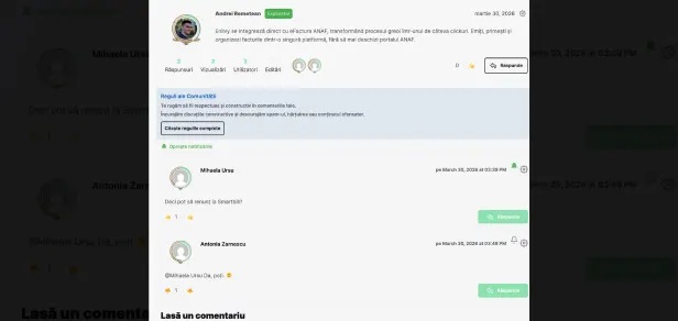 Postare din Lounge cu răspunsurile cursanților, contorul de vizualizări și caseta cu regulile comunității
