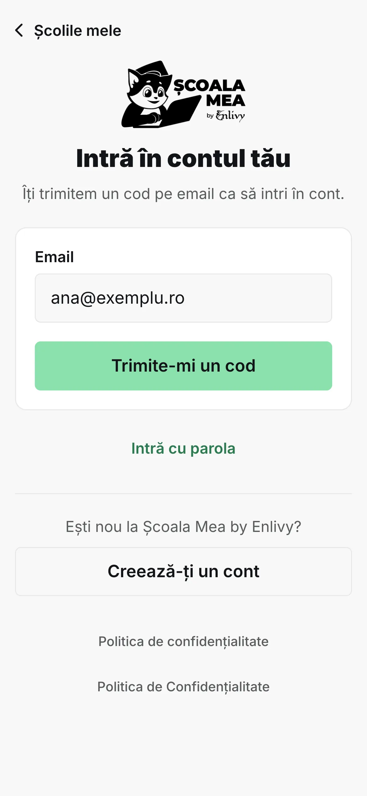 Ecranul de autentificare al unei școli în aplicația Școala Mea: logo-ul școlii, adresa de e-mail și butonul „Trimite-mi un cod”.