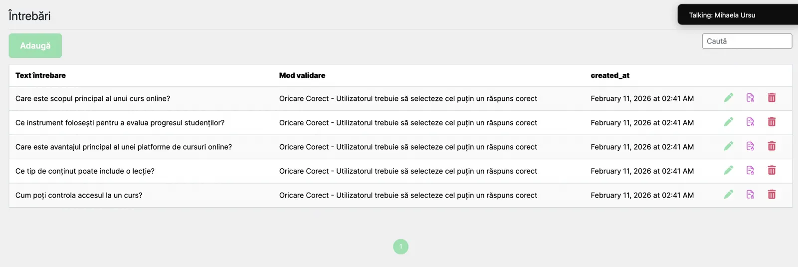 Lista întrebărilor din bancă, cu textul întrebării, modul de validare și data creării, plus butonul de adăugare
