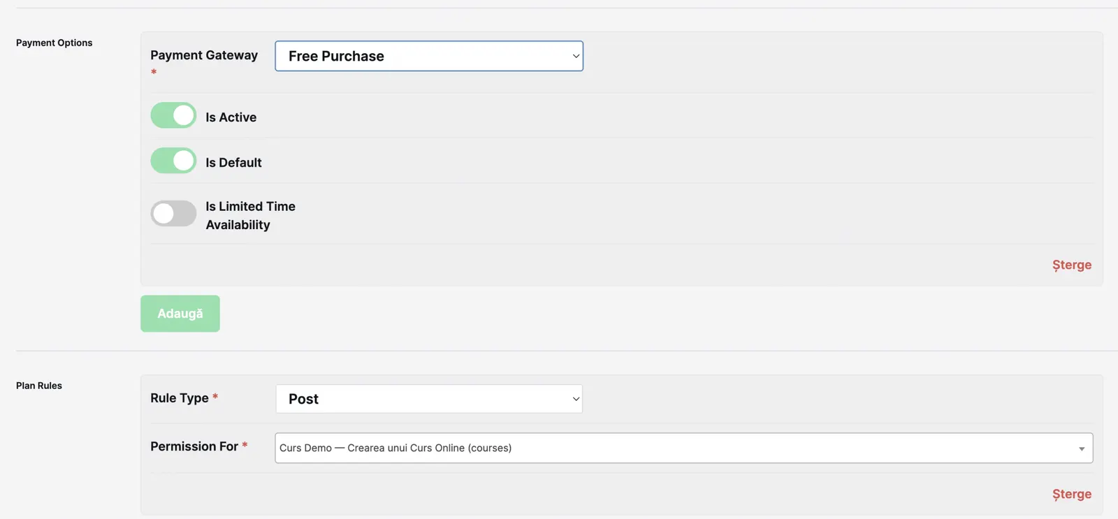 Setările unui plan de membership cu Payment Gateway Free Purchase, comutatoare Is Active, Is Default și reguli de plan