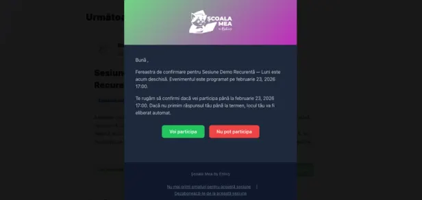 Email de confirmare pentru o sesiune recurentă, cu termen limită și butoanele Voi participa sau Nu pot participa