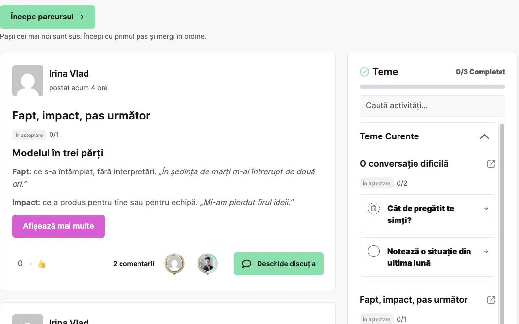 Learning Journey-ul „Feedback în echipă”: butonul „Începe parcursul”, pasul „Fapt, impact, pas următor” cu discuția lui și panoul Teme cu un chestionar și o sarcină a pasului.