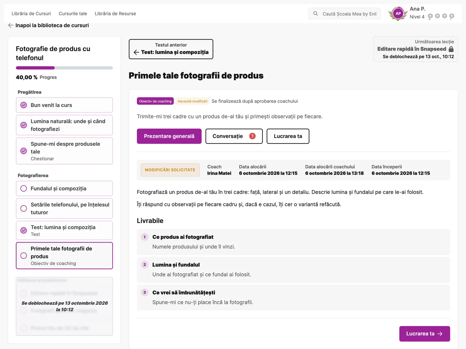 Pagina unui curs cu lecția următoare blocată până pe 13 octombrie și ultimul capitol încă închis în cuprins.