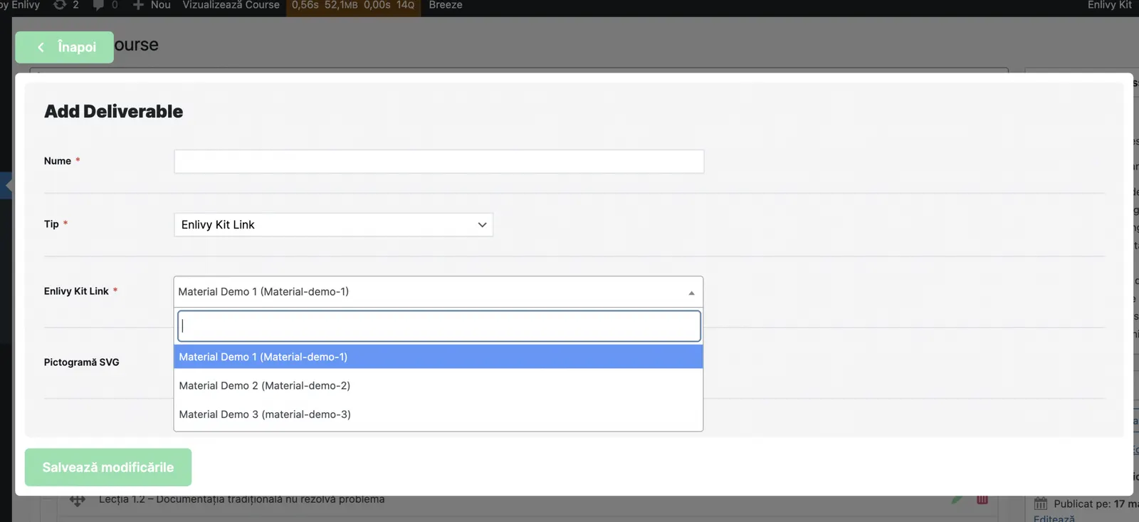 Fereastra Add Deliverable cu tipul Enlivy Kit Link și lista de materiale demo dintr-un meniu derulant