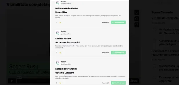 Feed de lecții publicate ca postări, fiecare cu titlu, descriere, număr de comentarii și buton de acces