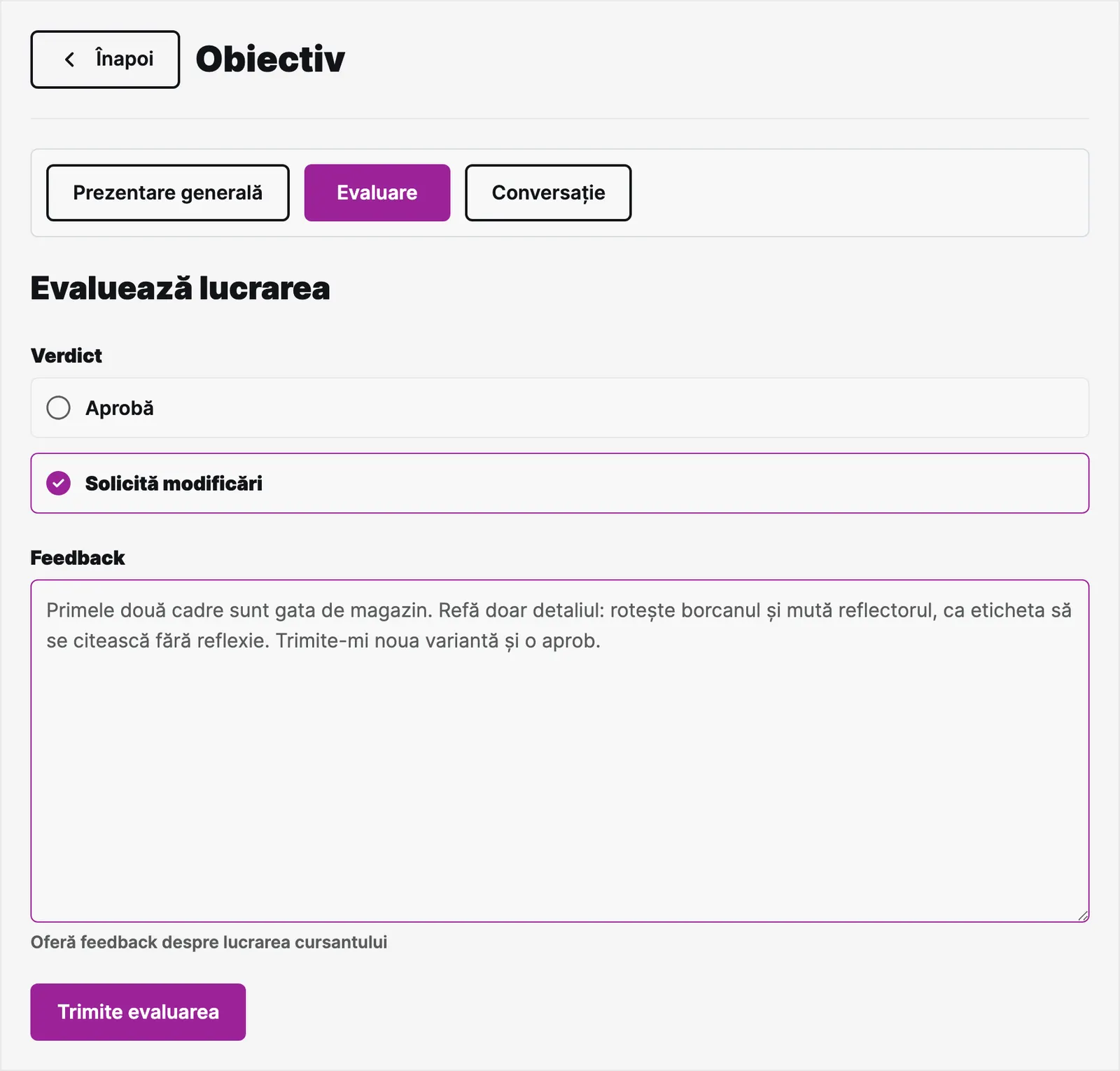 Evaluarea lucrării în panoul coachului: verdictul „Solicită modificări” și feedback scris.