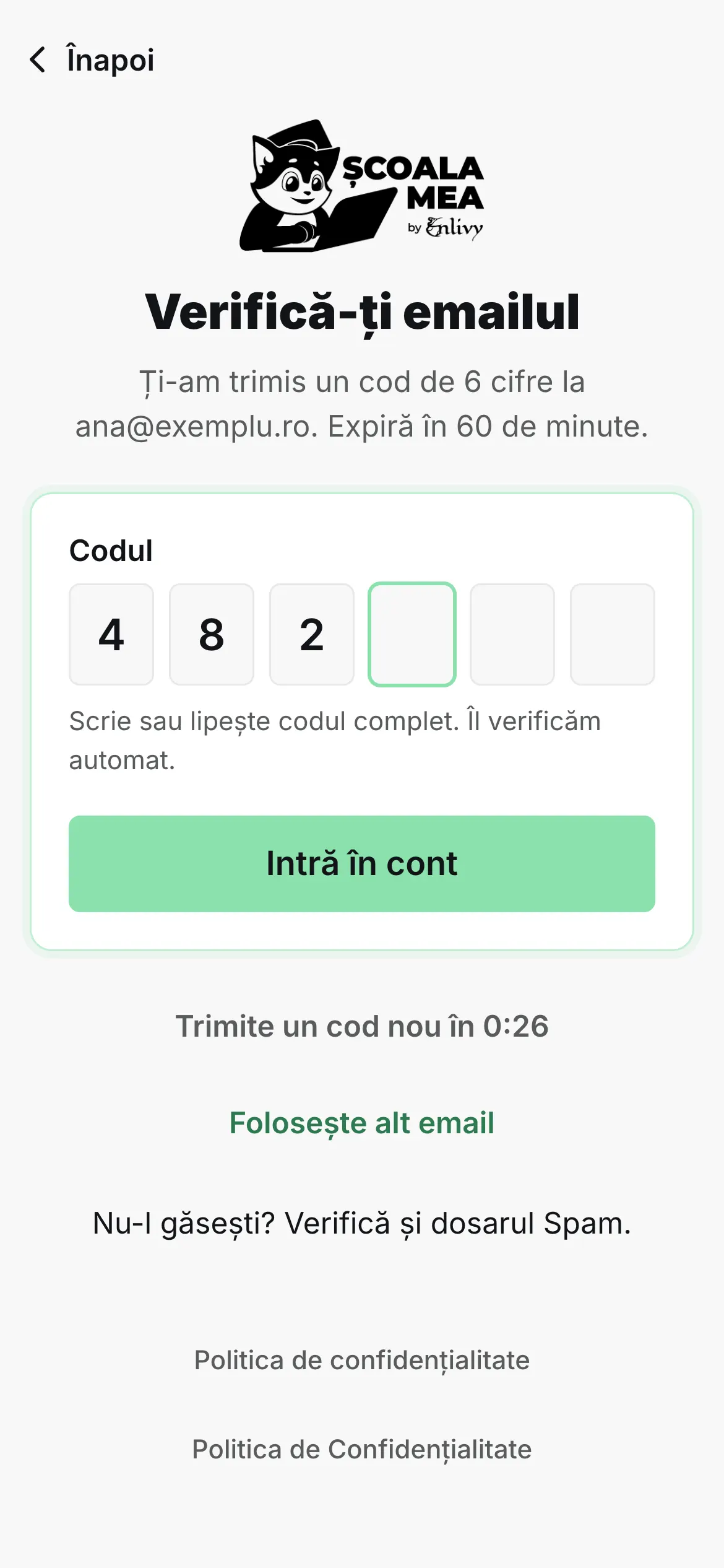 Ecranul „Verifică-ți emailul” din aplicația Școala Mea, cu primele cifre ale codului de 6 cifre introduse.