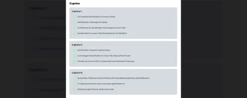Cuprinsul unei cărți digitale, cu lecțiile grupate pe Capitolul 1, 2 și 3