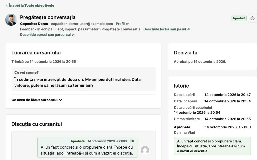 Pagina temei în spațiul mentorului: lucrarea trimisă de cursant, decizia „Aprobat”, istoricul cu data fiecărui pas și discuția cu cursantul.