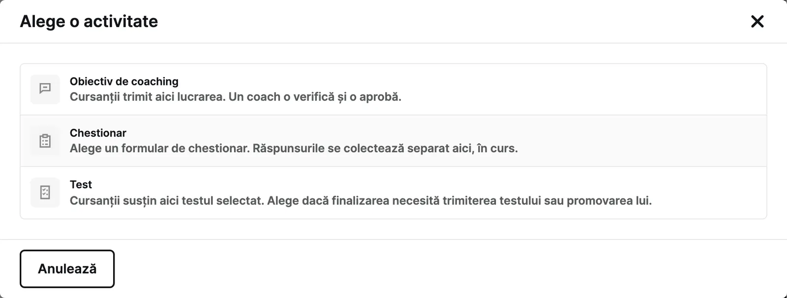 Fereastra „Alege o activitate” din constructorul de curs: obiectiv de coaching, chestionar sau test.