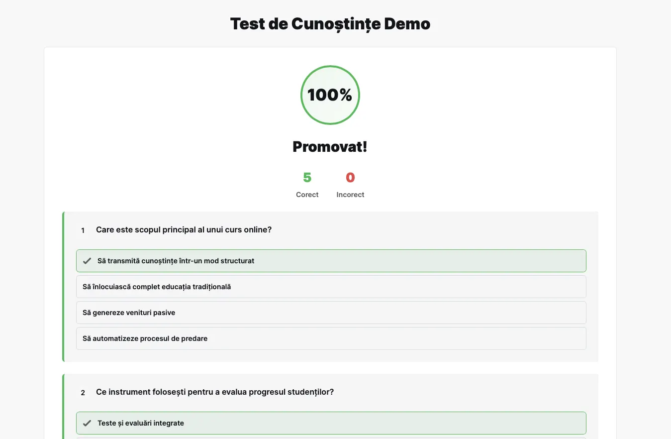 Rezultatul unui quiz cu scor 100%, mesajul Promovat, 5 răspunsuri corecte și variantele corecte bifate