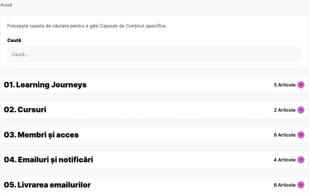 Pagina capsulelor de conținut: căutarea și colecțiile (Learning Journeys, Cursuri, Membri și acces, Emailuri și notificări), fiecare cu numărul de articole.