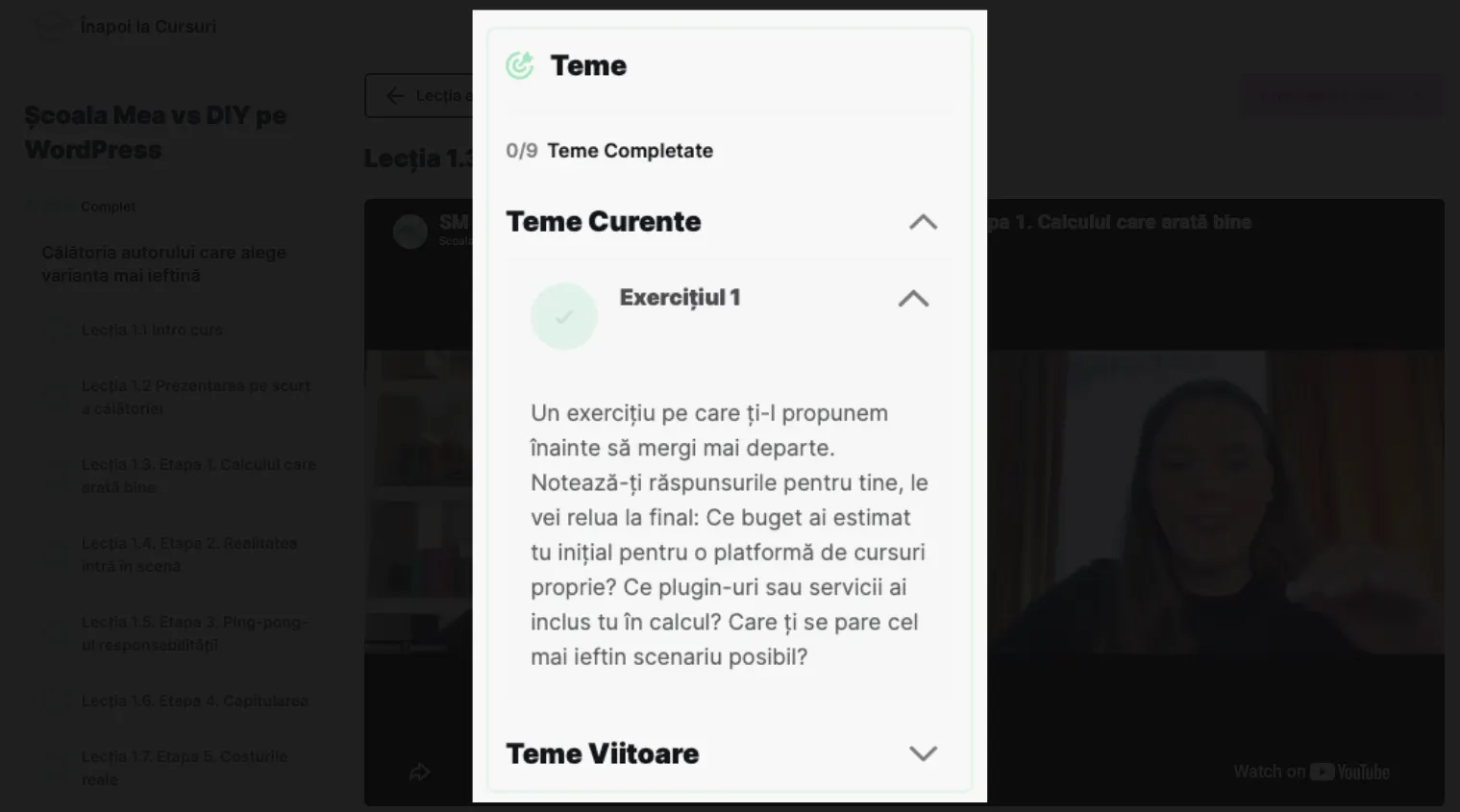 Panoul Teme cu Exercițiul 1 desfășurat și enunțul complet al sarcinii de lucru