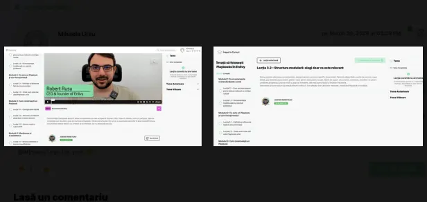 Două ecrane de lecție alăturate, unul cu lecție video și unul cu lecție text, ambele cu lista modulelor în stânga