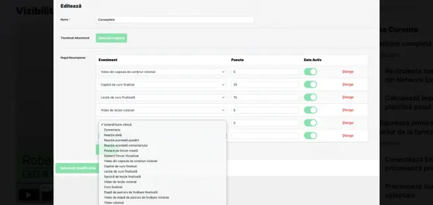 Editarea unei reguli de recompensare, cu evenimente, puncte și lista de evenimente disponibile în meniu